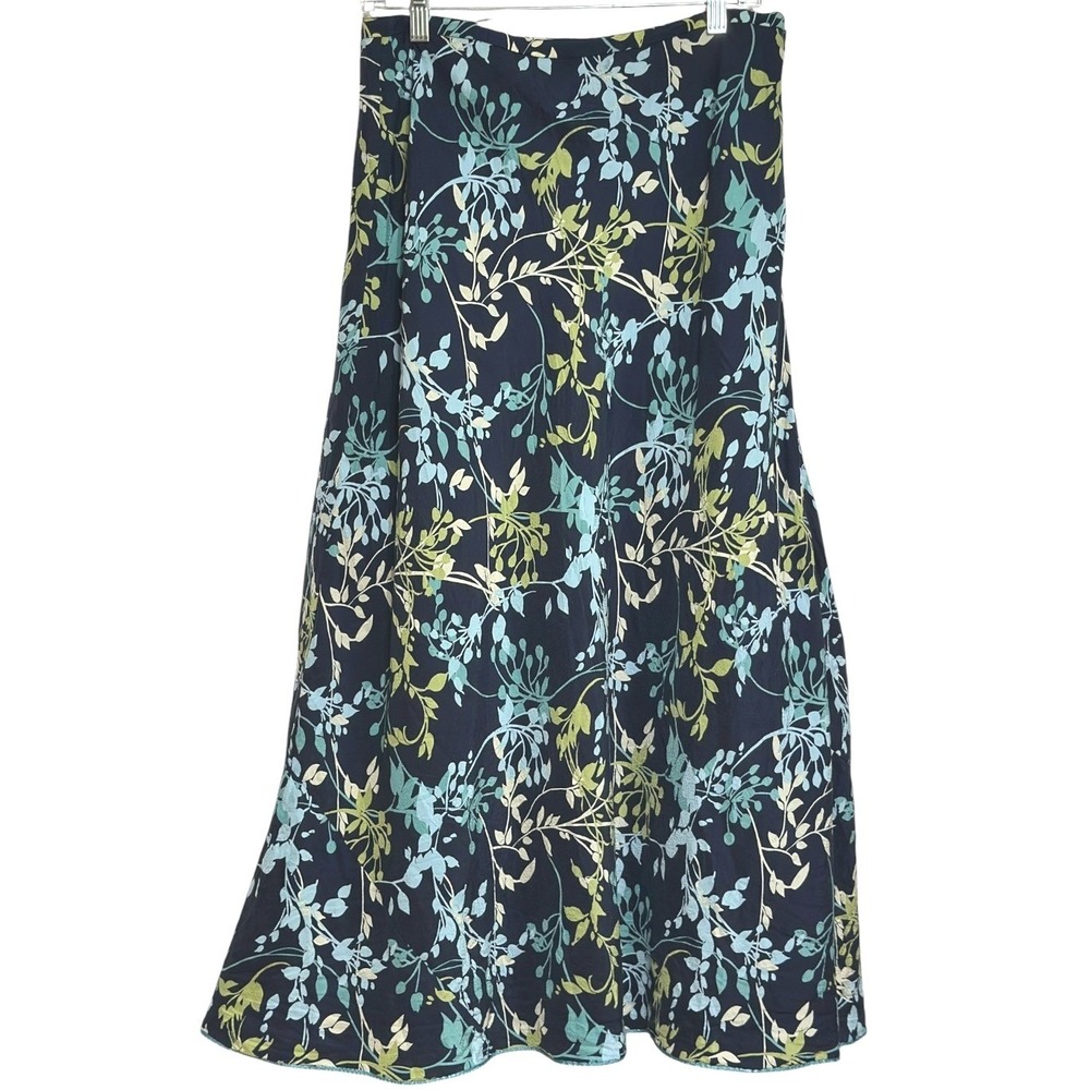 Valerie Stevens Maxi Skirt Women Navy Blue Silk Botanical Leaf‎ Garden Party 12P